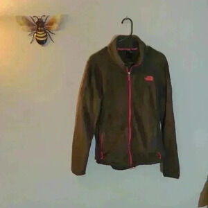 The North Face, fluffy zip up jacket, green and orange, size large